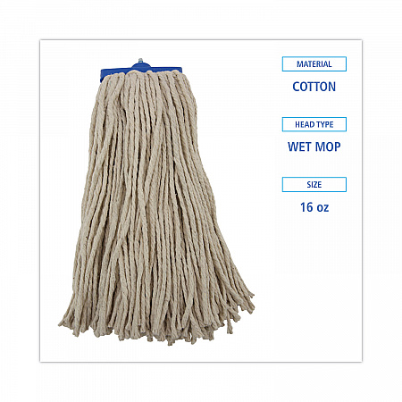 Cut-End Lie-Flat Wet Mop Head, Cotton, 16 oz, White, 12/Carton (716CCT)
