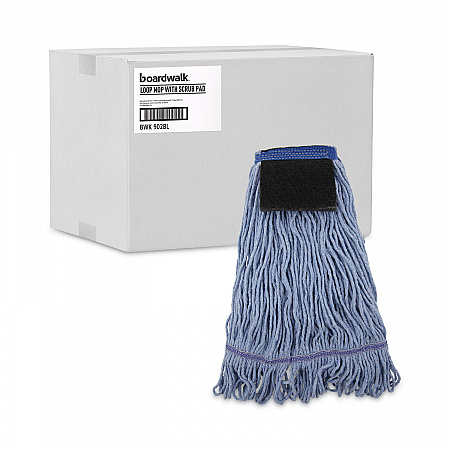Mop Head, Loop-End, Cotton with Scrub Pad, Medium, 12/Carton (902BL)