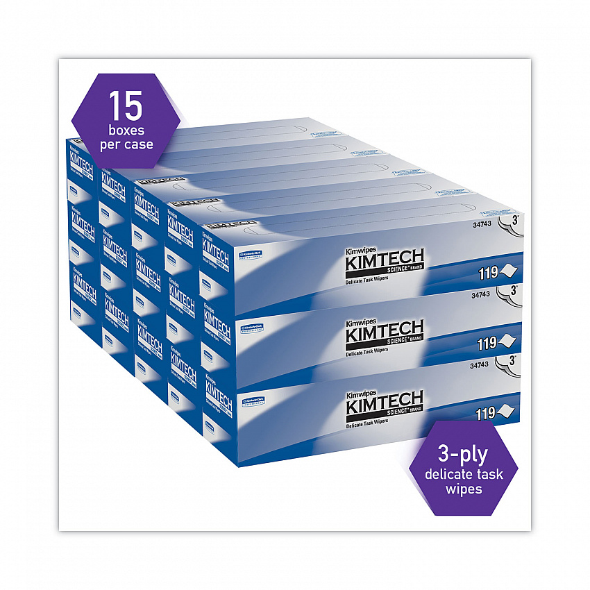Kimwipes Delicate Task Wipers, 3-Ply, 11.8 x 11.8, Unscented, White, 100/Box, 15 Boxes/Carton (34743)