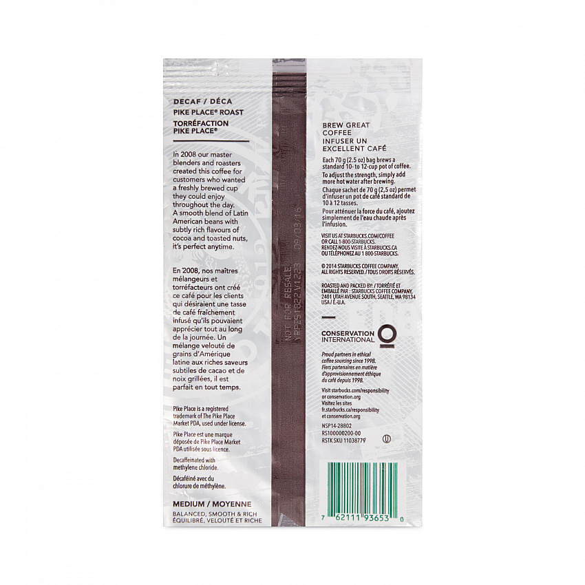 Coffee, Pike Place Decaf, 2.5 oz Packet, 72/Carton (11023061CT)