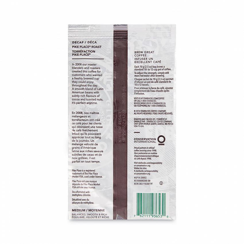 Coffee, Pike Place Decaf, 2.5 oz Packet, 18/Box (11023061)