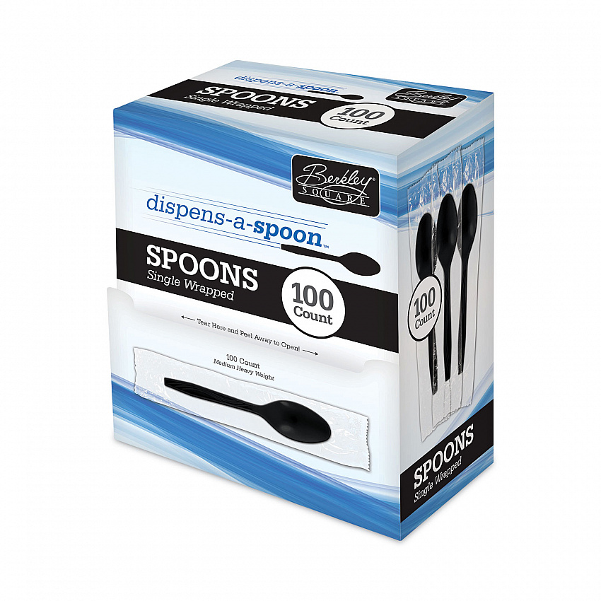 Dispens-a Spoon, Individually Wrapped, Mediumweight Spoon, Plastic, Black, 100/Box (BEP90206)