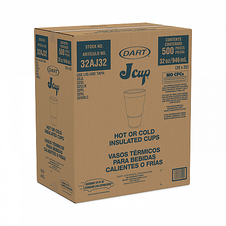 Foam Drink Cups, Tapered Bottom, 32 oz, White, 25/Bag, 20 Bags/Carton (32AJ32)