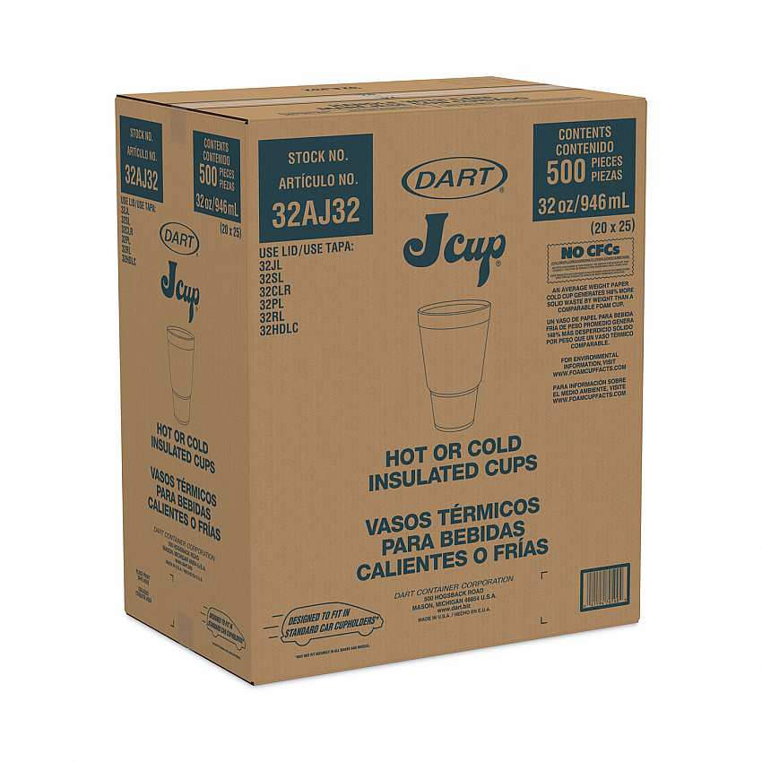 Foam Drink Cups, Tapered Bottom, 32 oz, White, 25/Bag, 20 Bags/Carton (32AJ32)