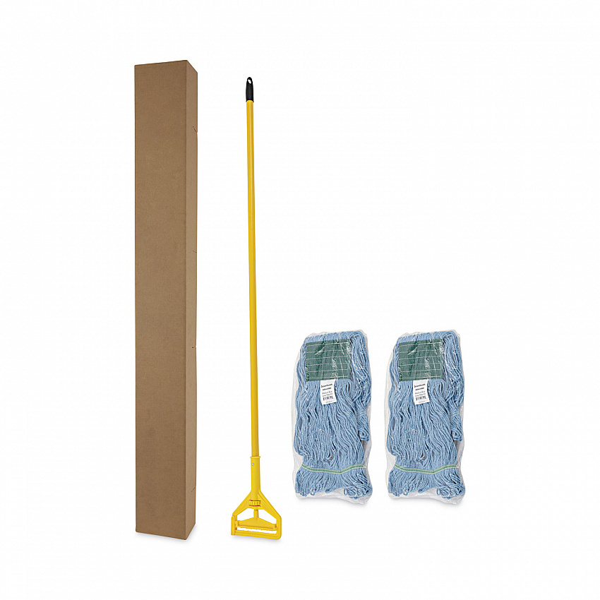 Looped End Mop Kit, Medium Blue Cotton/Rayon/Synthetic Head, 60" Yellow Metal/Polypropylene Handle (400MBC)