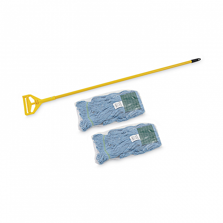 Looped End Mop Kit, Medium Blue Cotton/Rayon/Synthetic Head, 60" Yellow Metal/Polypropylene Handle (400MBC)