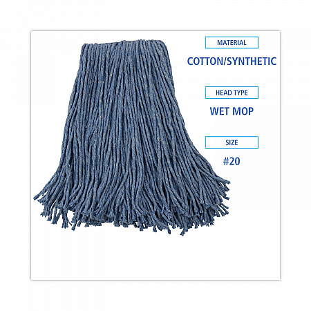Mop Head, Standard Head, Cotton/Synthetic Fiber, Cut-End, #20, Blue, 12/Carton (2020B)