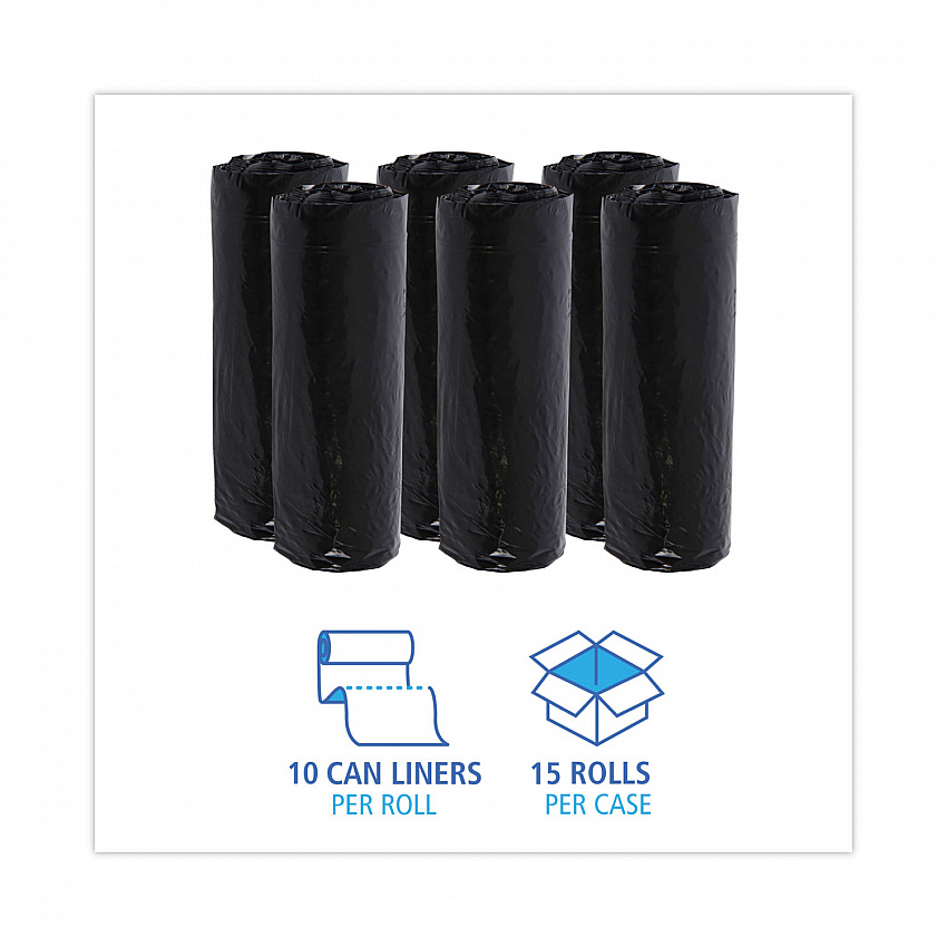 Low-Density Waste Can Liners, 16 gal, 1 mil, 24" x 32", Black, Perforated Roll, 10 Bags/Roll, 15 Rolls/Carton (510)