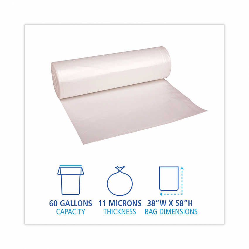 High-Density Can Liners, 60 gal, 11 mic, 38" x 58", Natural, Perforated Roll, 25 Bags/Roll, 8 Rolls/Carton (385814)
