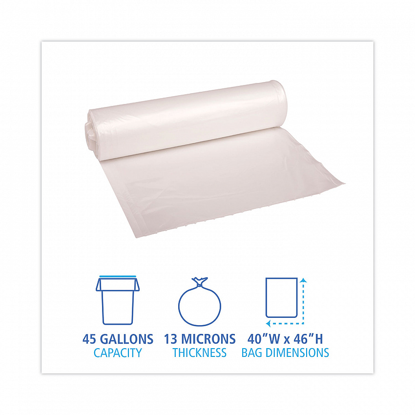 High-Density Can Liners, 45 gal, 13 mic, 40" x 46", Natural, Perforated Roll, 25 Bags/Roll, 10 Rolls/Carton (404616)