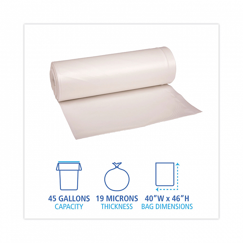 High-Density Can Liners, 45 gal, 19 mic, 40" x 46", Natural, Perforated Roll, 25 Bags/Roll, 6 Rolls/Carton (404622)