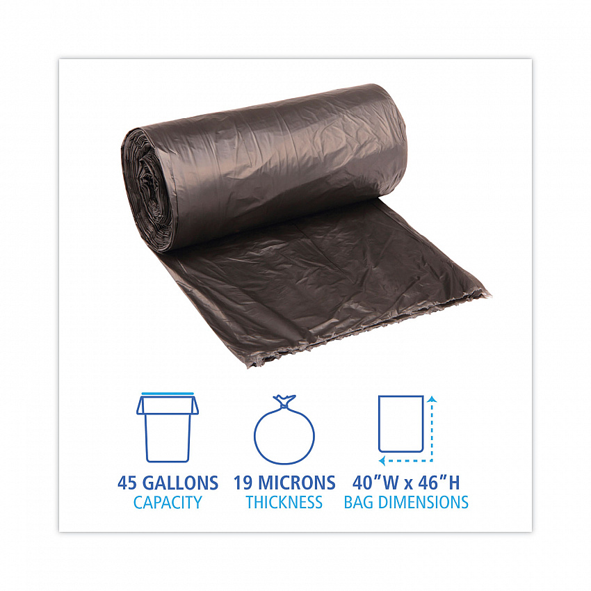 High-Density Can Liners, 45 gal, 19 mic, 40" x 46", Black, Perforated Roll, 25 Bags/Roll, 6 Rolls/Carton (404622BLK)