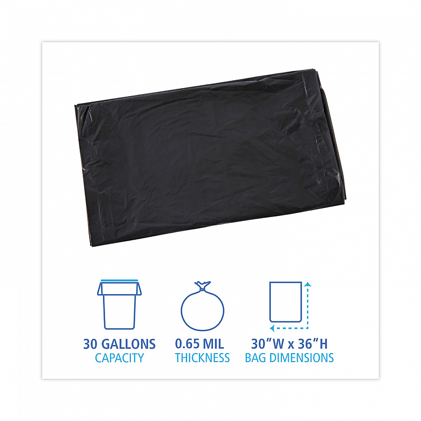 Linear Low Density Industrial Can Liners, 30 gal, 0.65 mil, 30" x 36", Black, Flat Pack, 200/Carton (L3036H)
