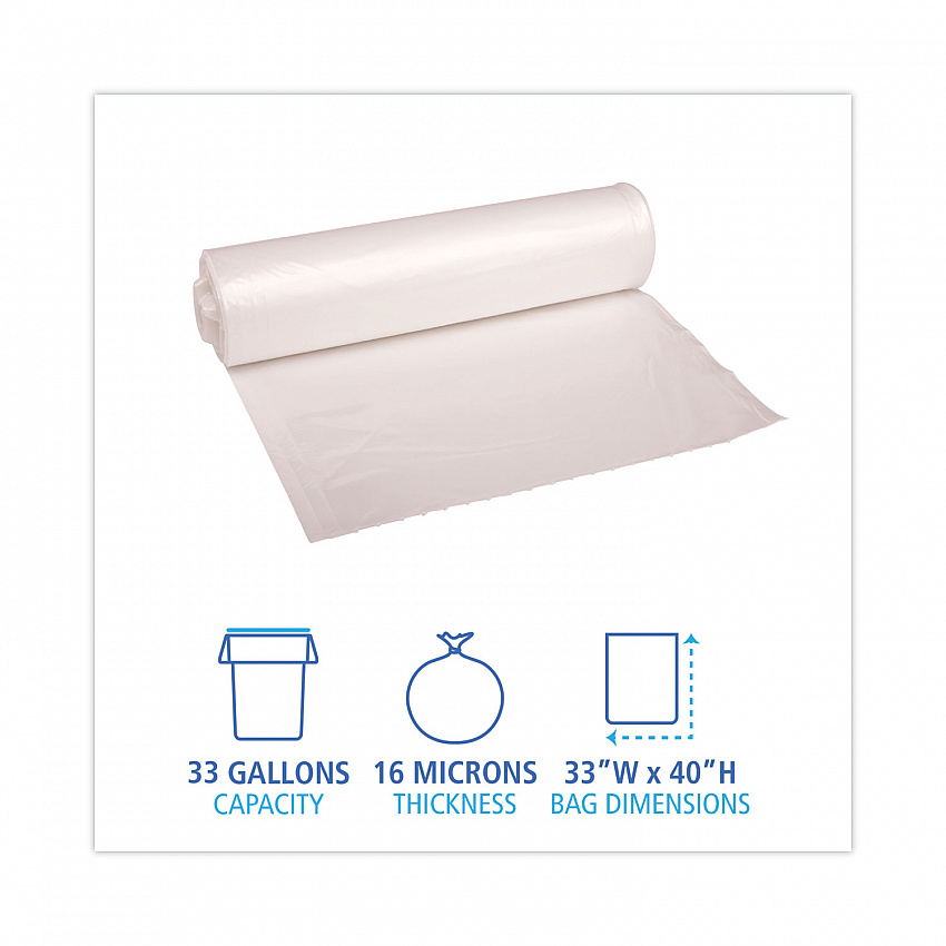 High Density Industrial Can Liners Coreless Rolls, 33 gal, 16 mic, 33" x 40", Natural, Perforated, 25 Bags/Roll, 10 Rolls/CT (RH3340S)