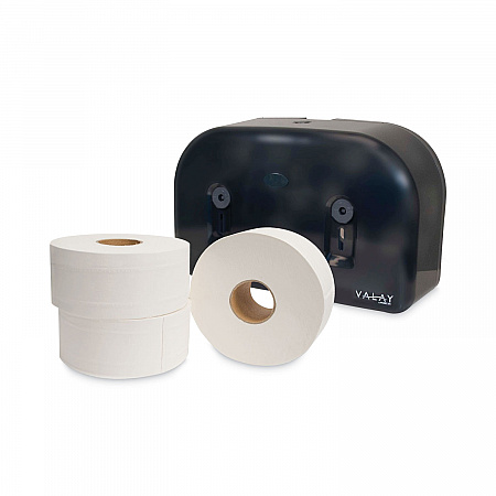 Valay Plastic Mini Jumbo Bath Tissue Dispenser, Two Rolls, 9.75 x 15.87 x 5.25, Black (VT1003)