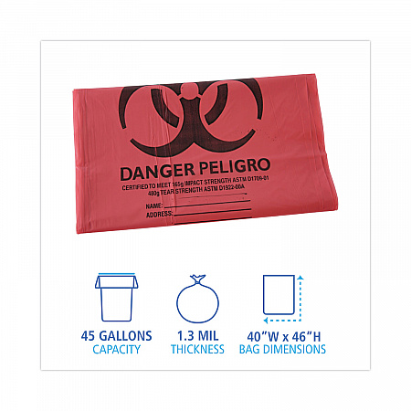 Linear Low Density Health Care Trash Can Liners, 45 gal, 1.3 mil, 40