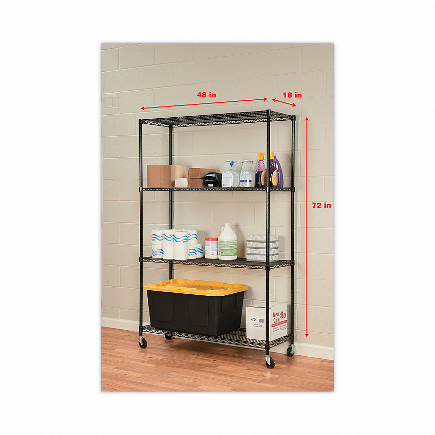 NSF Certified 4-Shelf Wire Shelving Kit with Casters, 48w x 18d x 72h, Black (SW604818BL)