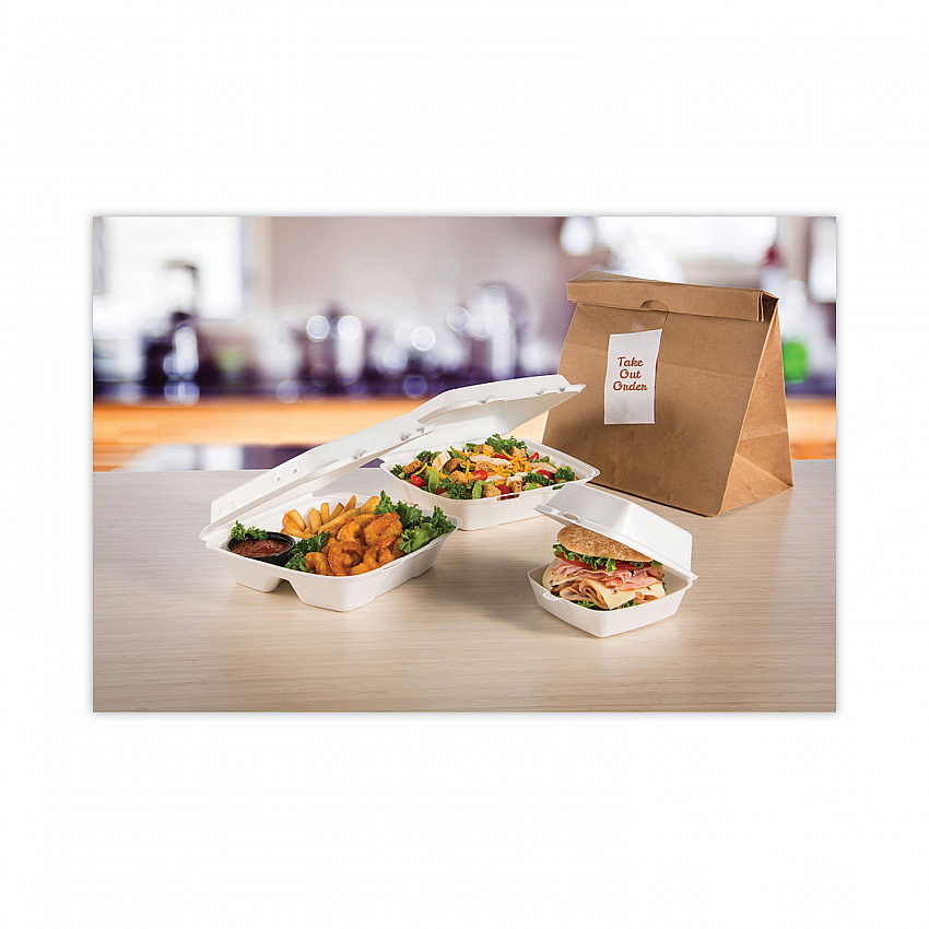 Insulated Foam Hinged Lid Containers, 3 Compartments, 9.3 x 9.5 x 3, White, 100/Sleeve, 2 Sleeves/Carton (95HT3)