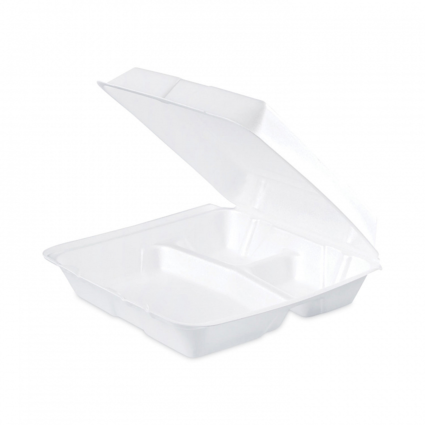 Insulated Foam Hinged Lid Containers, 3 Compartments, 9.3 x 9.5 x 3, White, 100/Sleeve, 2 Sleeves/Carton (95HT3)