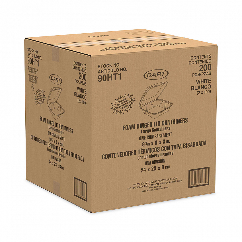 Insulated Foam Hinged Lid Containers, 9.01 x 9.4 x 3, White, 100/Pack, 2 Packs/Carton (90HT1)