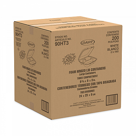 Insulated Foam Hinged Lid Containers, 3 Compartments, 9 x 9.4 x 3, White, 100/Sleeve, 2 Sleeves/Carton (90HT3)
