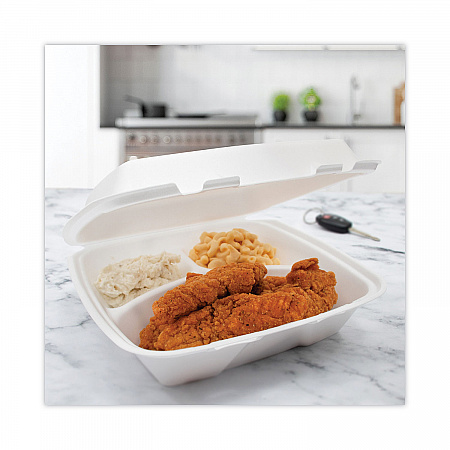 Insulated Foam Hinged Lid Containers, 3 Compartments, 9 x 9.4 x 3, White, 100/Sleeve, 2 Sleeves/Carton (90HT3)