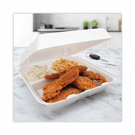 Insulated Foam Hinged Lid Containers, 3 Compartments, 9.3 x 9.5 x 3, White, 100/Sleeve, 2 Sleeves/Carton (95HT3)