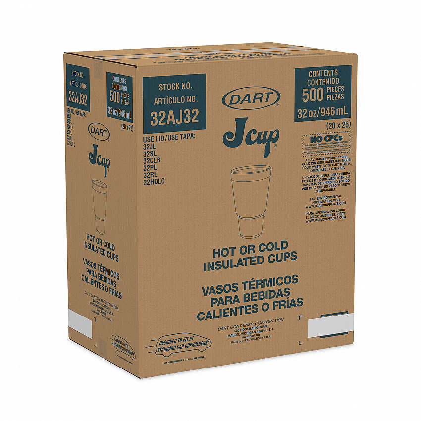 J Cup Insulated Foam Pedestal Cups, 32 oz, White/Teal, 25/Sleeve, 20 Sleeves/Carton (32AJ32H)