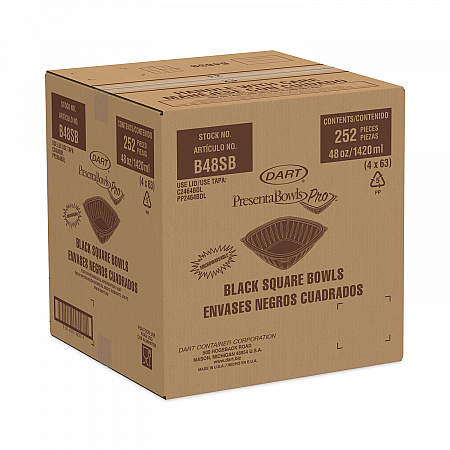 PresentaBowls Pro Black Square Bowls, 48 oz, 8.5 x 8.5 x 2.6, Plastic, 63/Bag, 4 Bags/Carton (B48SB)