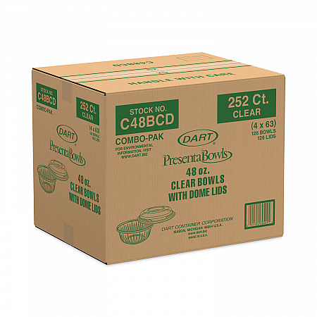 PresentaBowls Bowl/Lid Combo-Paks, 48 oz, Clear, Plastic, 126/Carton (C48BCD)