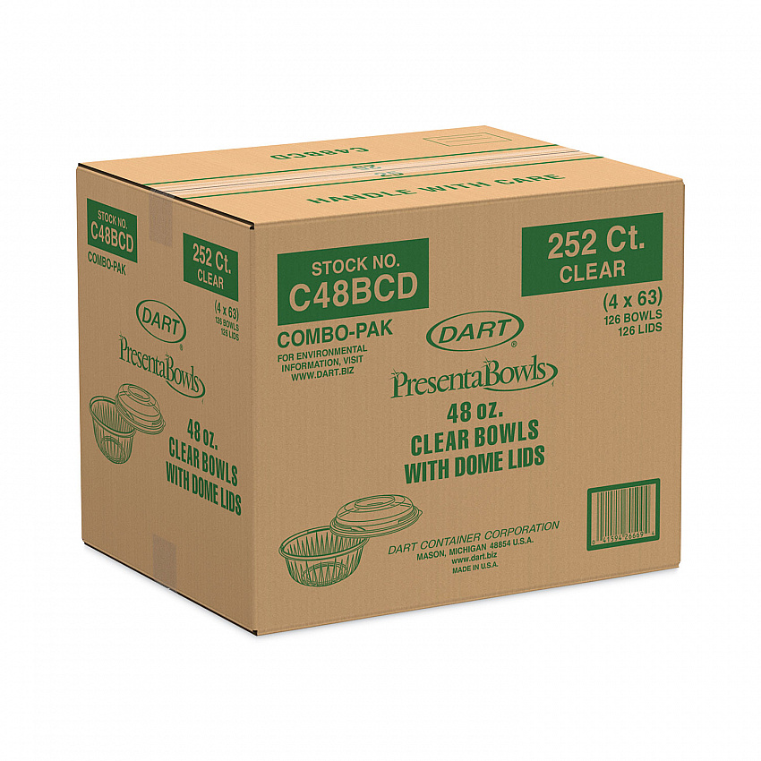 PresentaBowls Bowl/Lid Combo-Paks, 48 oz, Clear, Plastic, 126/Carton (C48BCD)
