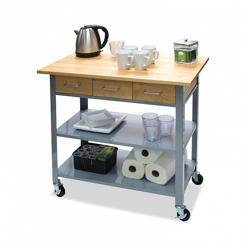 Countertop Serving Cart, Wood, 3 Shelves, 3 Drawers, 35.5" x 19.75" x 34.25", Oak/Gray (VF53039)
