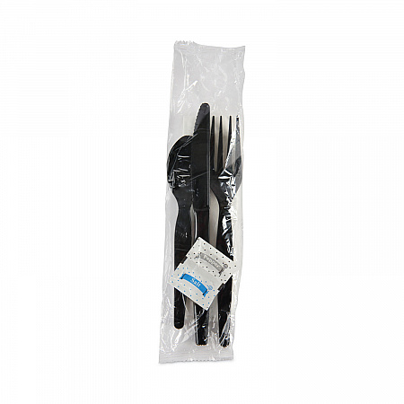 Six-Piece Cutlery Kit, Heavyweight, Fork/Knife/Napkin/Pepper/Salt/Spoon, Plastic, Black, 250/Carton (FKTNSHWPSBLA)