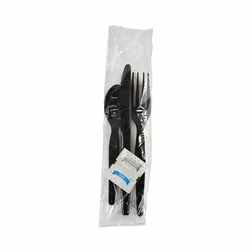 Six-Piece Cutlery Kit, Heavyweight, Fork/Knife/Napkin/Pepper/Salt/Spoon, Plastic, Black, 250/Carton (FKTNSHWPSBLA)