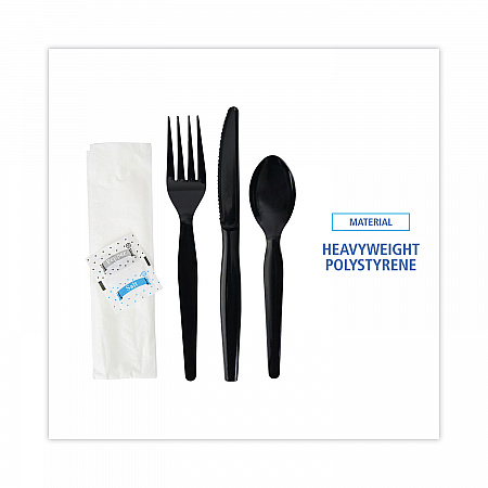 Six-Piece Cutlery Kit, Heavyweight, Fork/Knife/Napkin/Pepper/Salt/Spoon, Plastic, Black, 250/Carton (FKTNSHWPSBLA)