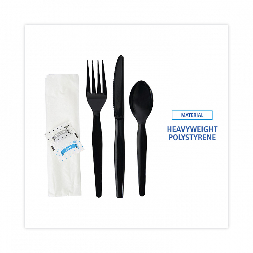 Six-Piece Cutlery Kit, Heavyweight, Fork/Knife/Napkin/Pepper/Salt/Spoon, Plastic, Black, 250/Carton (FKTNSHWPSBLA)