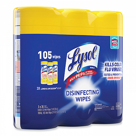 Disinfecting Wipes, 1-Ply, 7 x 7.25, Lemon and Lime Blossom, White, 35 Wipes/Canister, 3 Canisters/Pack (82159PK)