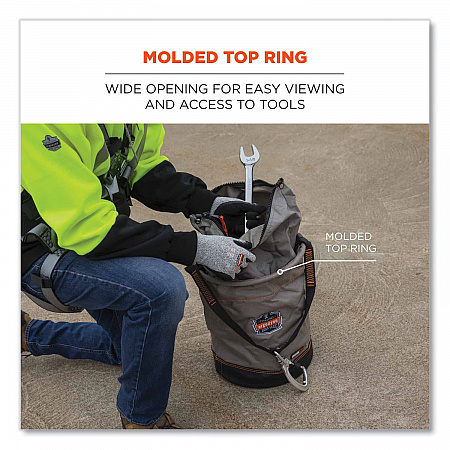 Arsenal 5974 Hoist Bucket Tool Bag with Swiveling Carabiner and Zipper Top, 150 lb, Gray (15974)