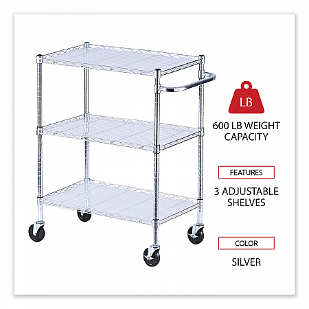 Three-Shelf Wire Cart with Liners, Metal, 3 Shelves, 600 lb Capacity, 34.21
