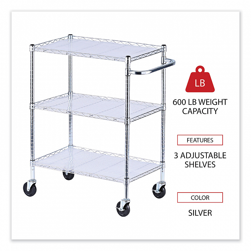 Three-Shelf Wire Cart with Liners, Metal, 3 Shelves, 600 lb Capacity, 34.21" x 18" x 40", Silver (SW333018SR)