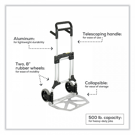Stow-Away Heavy-Duty Hand Truck, 500 lb Capacity, 23 x 24 x 50, Aluminum (4055NC)