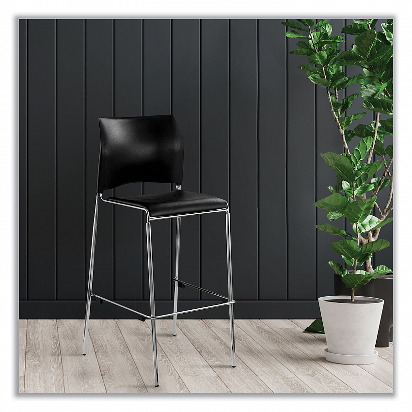 Cafetorium Bar Height Stool, Padded Seat/Back, Supports Up to 500 lb, 31" Seat Height, Black Seat, Black Back,Chrome Base (8710B1110)