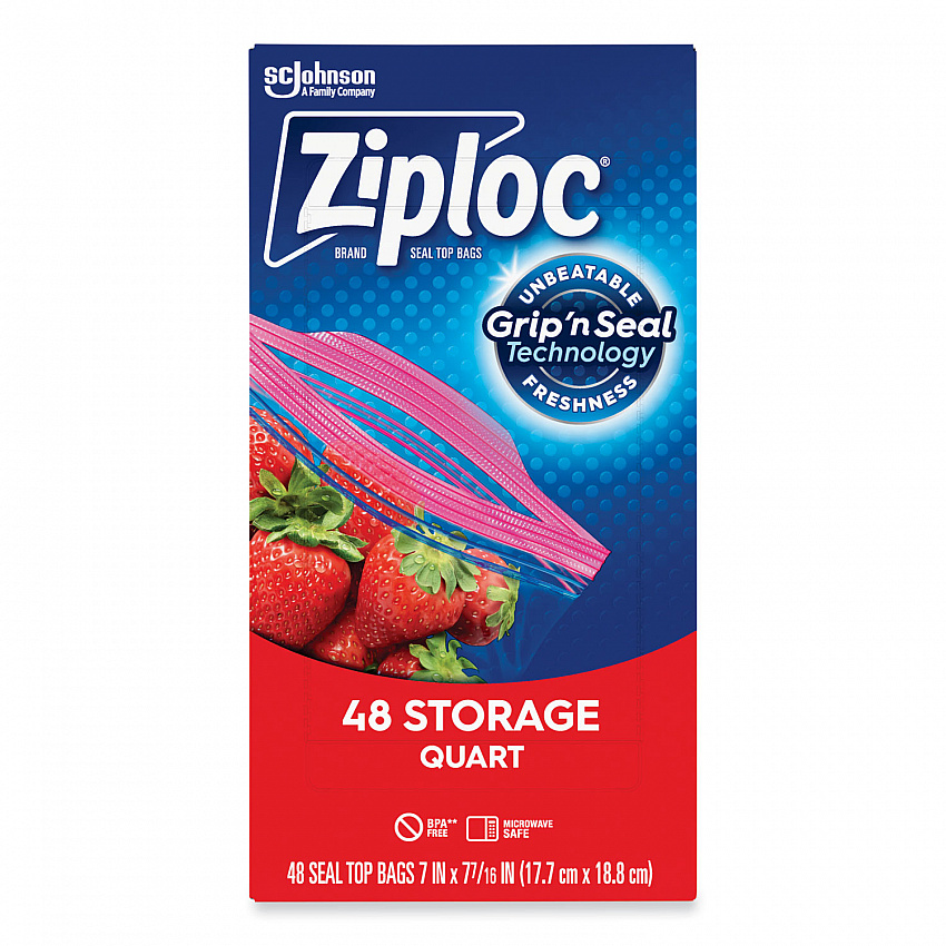 Double Zipper Storage Bags, Triple System Seal, Quart, 9.63" x 8.5", Clear, 48/Box (314469BX)