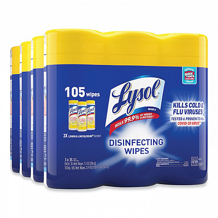Disinfecting Wipes, 1-Ply, 7 x 7.25, Lemon and Lime Blossom, White, 35 Wipes/Canister, 3 Canisters/Pack (82159PK)