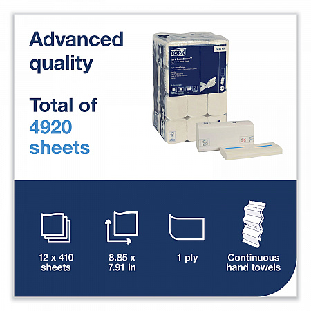 PeakServe Continuous Hand Towel, 1-Ply, 7.91 x 8.85, White, 410 Wipes/Pack, 12 Packs/Carton (105065)