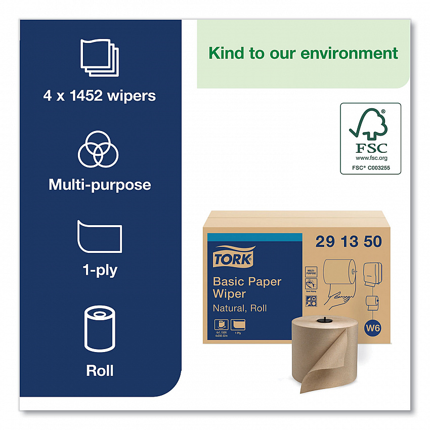 Basic Paper Wiper Roll Towel, 1-Ply, 7.68" x 1,150 ft, Natural, 4 Rolls/Carton (291350)