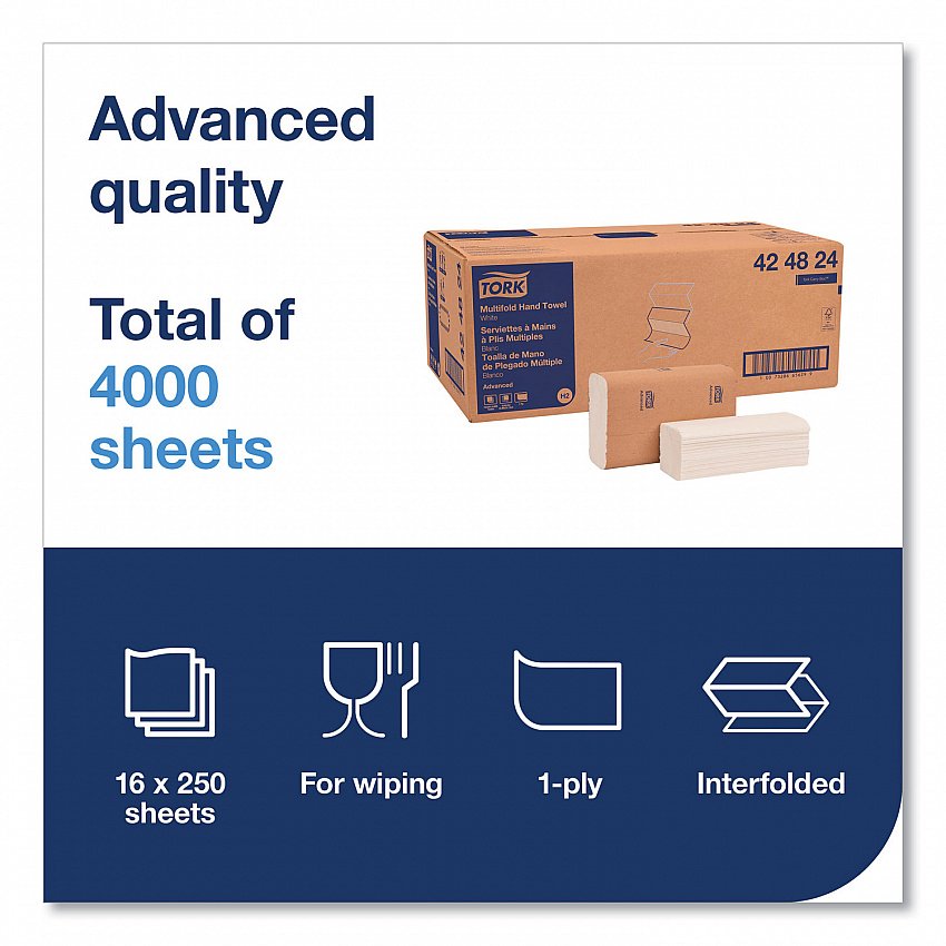 Advanced Multifold Hand Towel, 1-Ply, 9 x 9.5, White, 250/Pack, 16 Packs/Carton (424824)