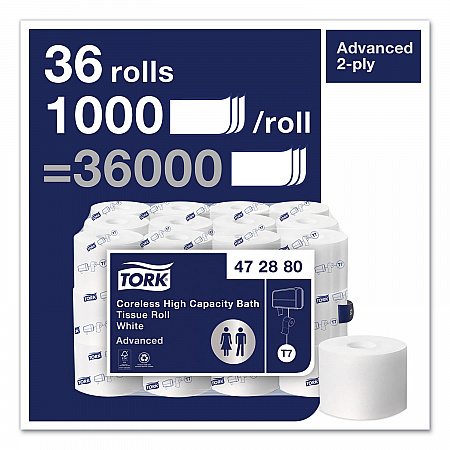 Advanced High Capacity Bath Tissue, Coreless, Septic Safe, 2-Ply, White, 1,000 Sheets/Roll, 36 Rolls/Carton (472880)