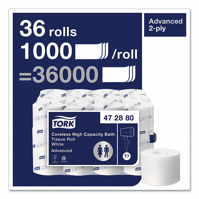 Advanced High Capacity Bath Tissue, Coreless, Septic Safe, 2-Ply, White, 1,000 Sheets/Roll, 36 Rolls/Carton (472880)