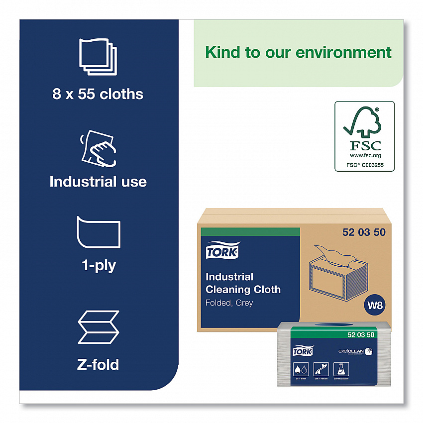 Industrial Cleaning Cloths, 1-Ply, 12.6 x 15.16, Gray, 55/Pack, 8 Packs/Carton (520350)